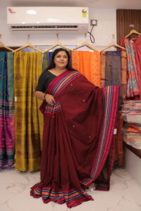 Dhonekhali Handloom Cotton Saree – Maroon with Multicolour Border