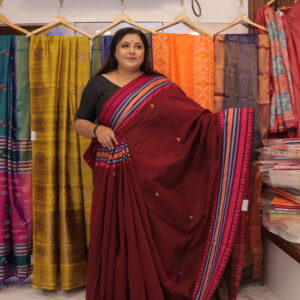 Maroon Dhonekhali Handloom Cotton Saree with Multicolour Border