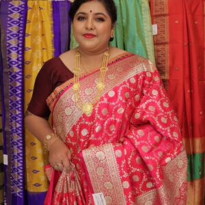 Pink Banarasi Saree with traditional golden zari floral motifs and intricate border