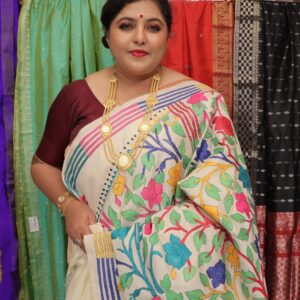 Multicolour floral Kantha embroidered Tussar saree with natural off-white base