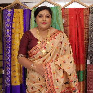 Assam Muga Silk Saree in beige with traditional red and black motifs – 100% Silk Mark Certified