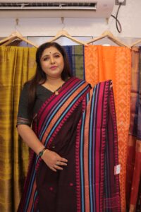 Dhonekhali Handloom Cotton Saree – Black & Multicolour Striped Border