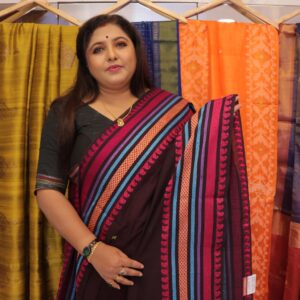 Dhonekhali handloom cotton saree in black with multicolour striped woven border