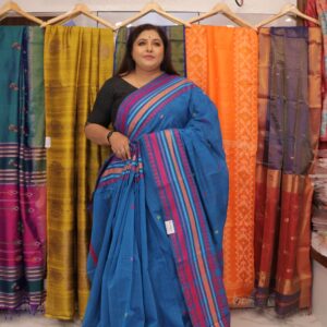 Blue Dhonekhali Handloom Cotton Saree with Pink Border