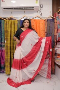 Dhonekhali Handloom Cotton Saree – White & Red Checked Border