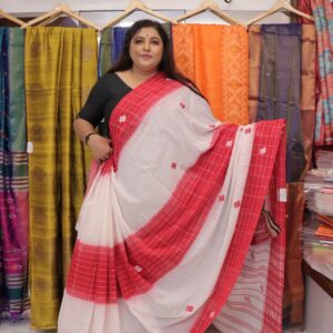 White Dhonekhali handloom cotton saree with red checked border and traditional motifs