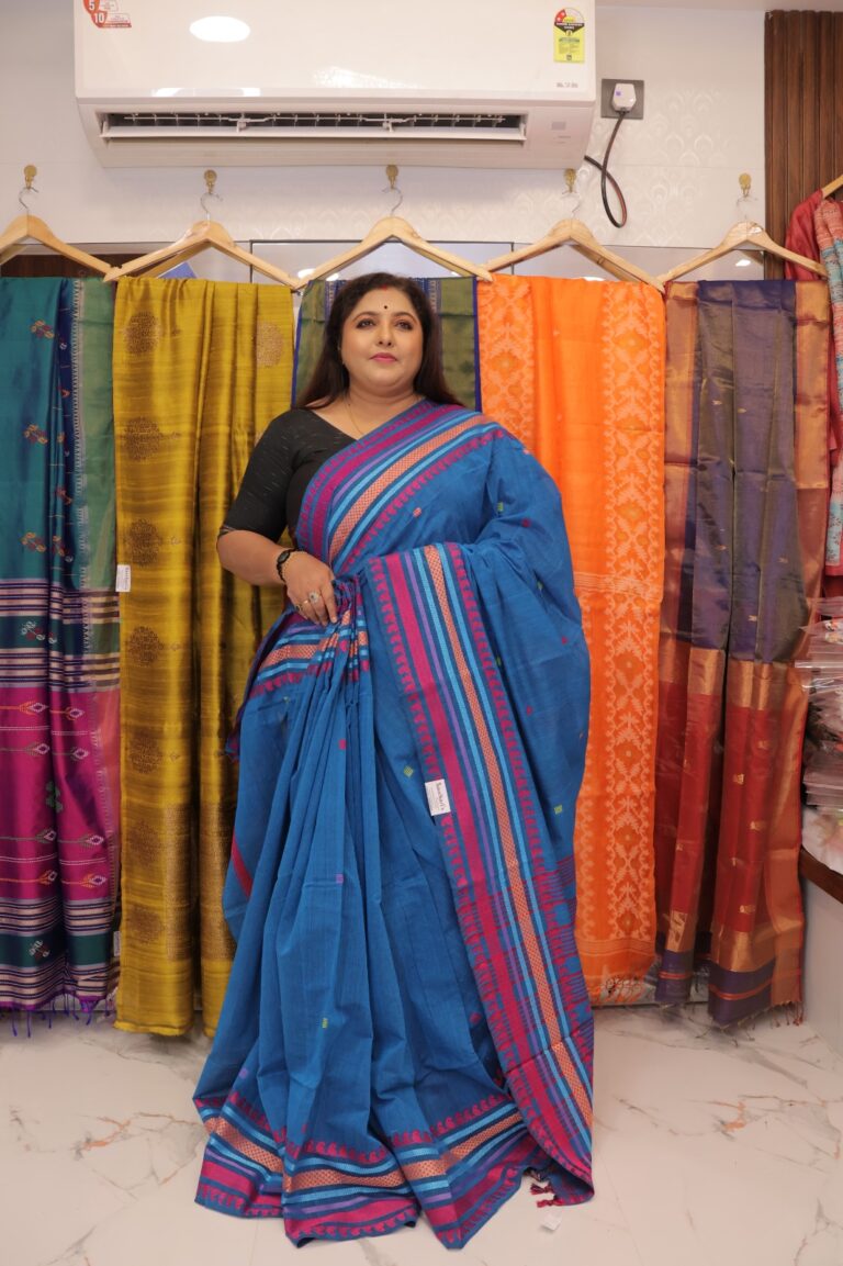 Dhonekhali Handloom Cotton Saree – Blue with Pink Border