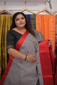 Grey Dhaniakhali Handloom Cotton Saree with Red Border